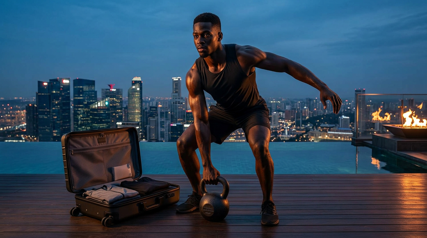 Trainer running an on-location session at dusk with a city skyline