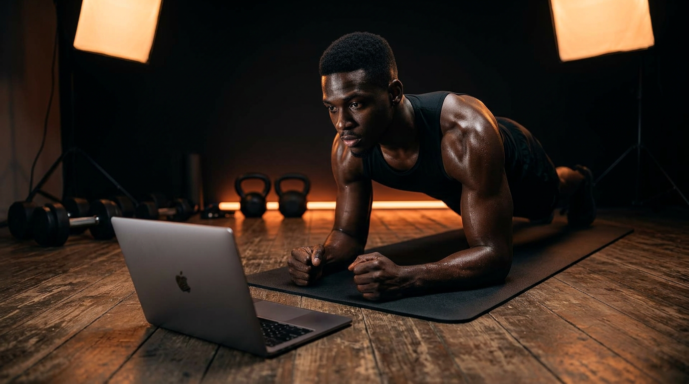 Athlete training with a remote coaching session on a laptop